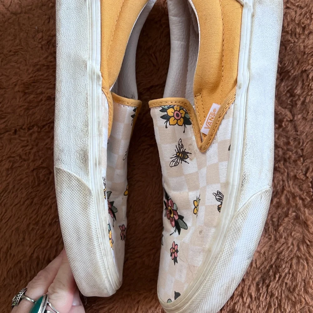 Vans Slip-On Floral Checkerboard Sneakers in Mustard and Cream - Picture 2 of 4